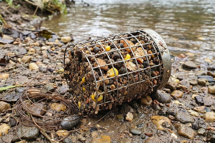 Barbenfutter im Futterkorb für Feederangeln