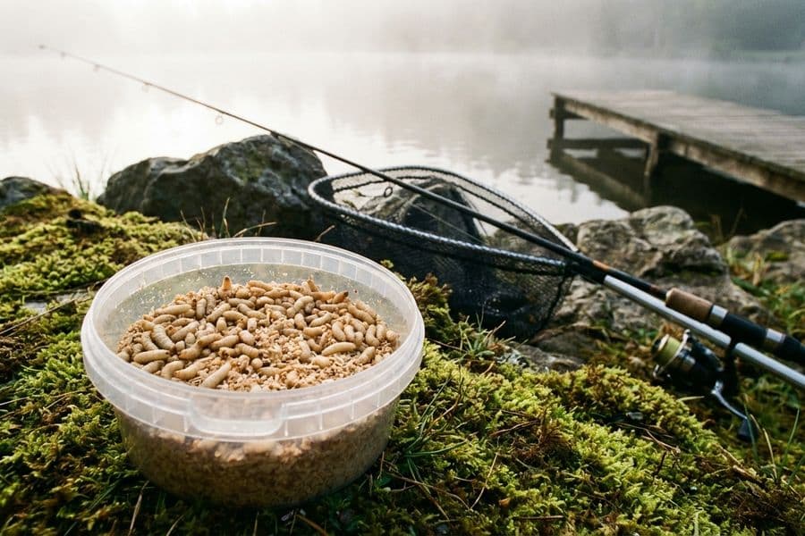 Angler präsentiert gefangene Forelle mit Bienenmade am Forellensee bei Dämmerung