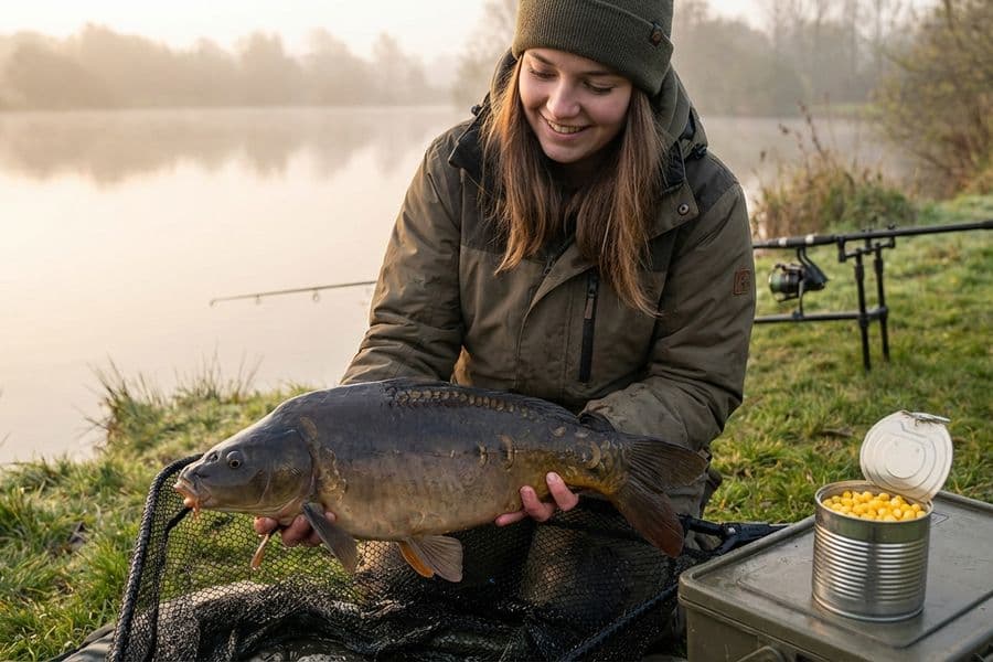 Spiegelkarpfen mit Dosenmais und Hartmais am Seeufer