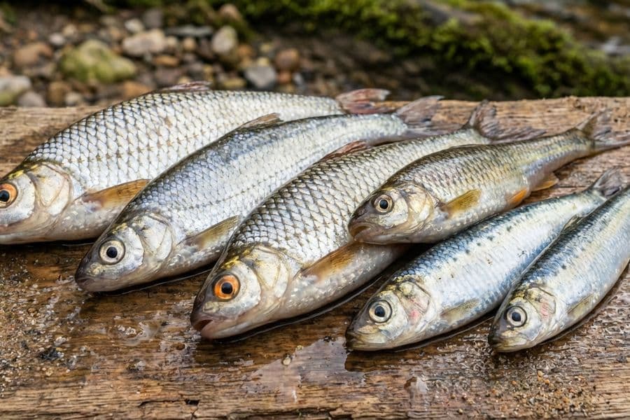 Verschiedene Köderfische in einem Eimer für das Raubfischangeln auf Hecht und Zander